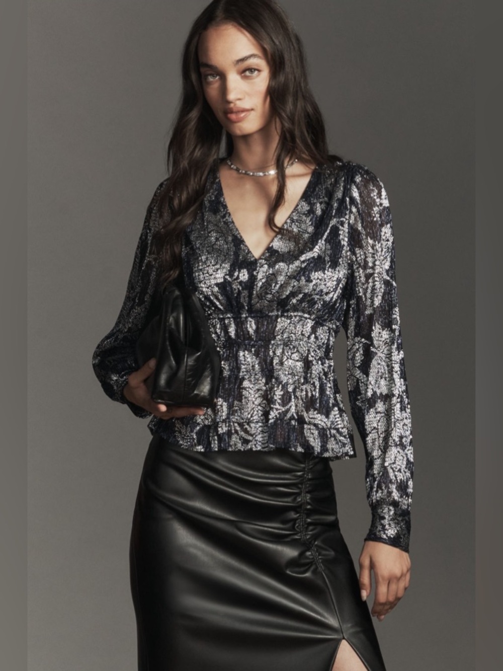 By Anthropologie Metallic Smocked Long-Sleeve Shirt in Midnight Navy